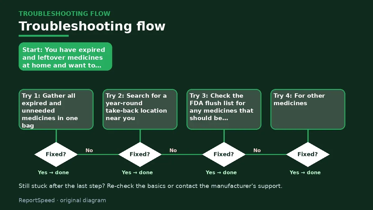 Troubleshooting flowchart: try each step in order and stop when it is fixed — How do I safely get rid of old or expired medicine