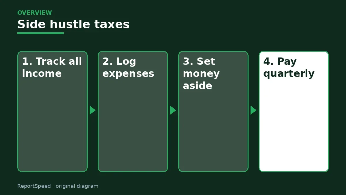 Overview diagram: Side hustle taxes — Track all income; Log expenses; Set money aside; Pay quarterly