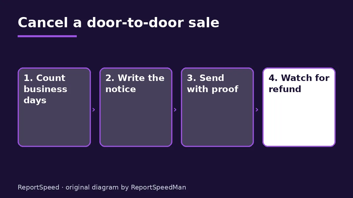 Diagram: Cancel a door-to-door sale — Count business days; Write the notice; Send with proof; Watch for refund