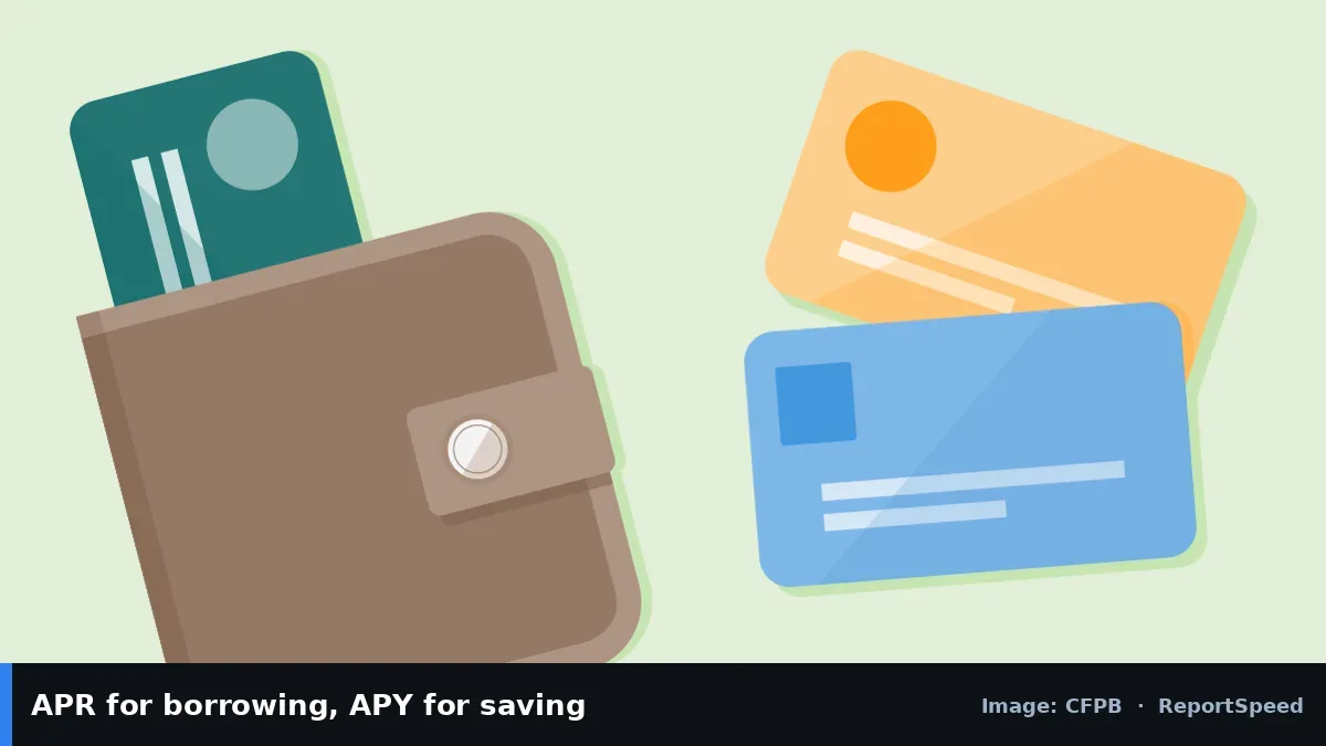 CFPB illustration of a wallet and payment cards (CFPB official image), annotated: APR for borrowing, APY for saving