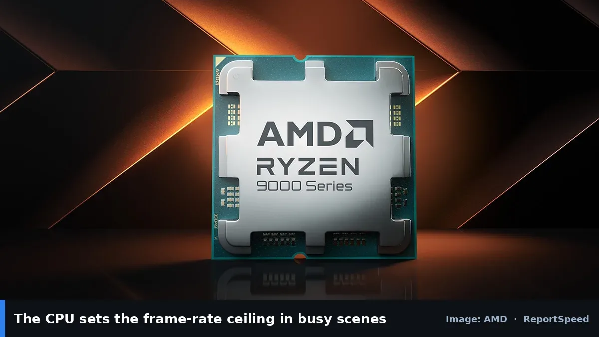 AMD Ryzen 9000 Series desktop processor (AMD official image), annotated: The CPU sets the frame-rate ceiling in busy scenes