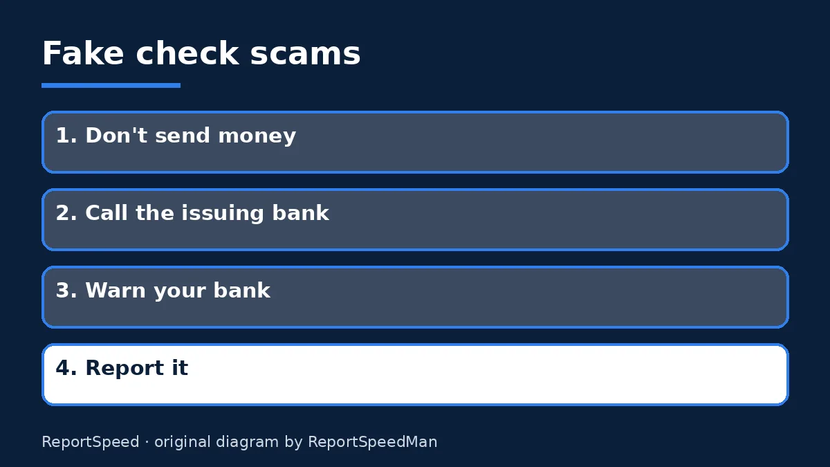 Diagram: Fake check scams — Don't send money; Call the issuing bank; Warn your bank; Report it