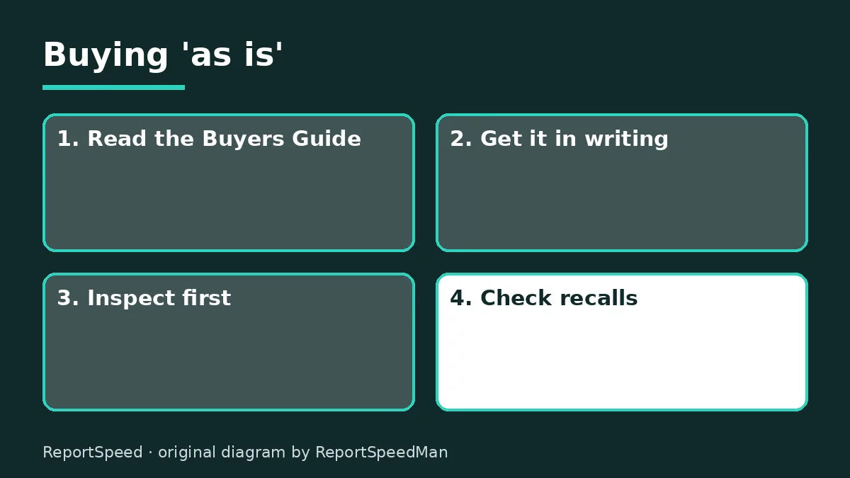 Diagram: Buying 'as is' — Read the Buyers Guide; Get it in writing; Inspect first; Check recalls