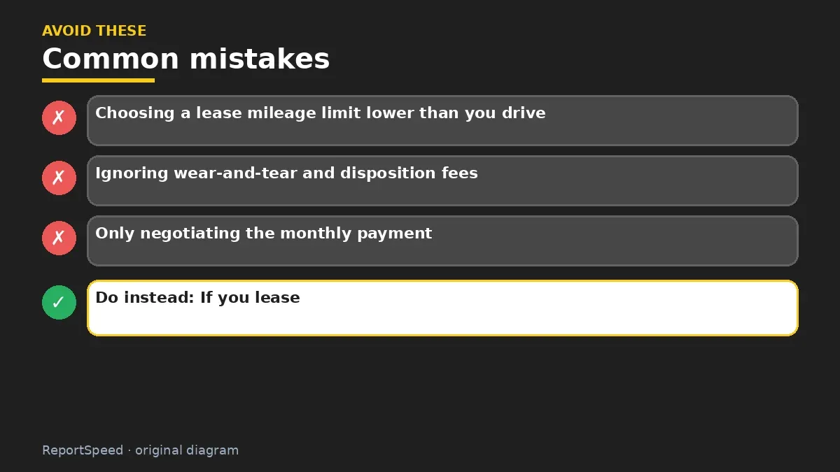 Callout graphic of common mistakes to avoid and what to do instead for Should I lease or buy my next car