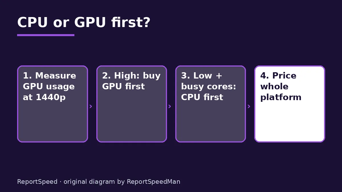 Diagram: CPU or GPU first? — Measure GPU usage at 1440p; High: buy GPU first; Low + busy cores: CPU first; Price whole platform