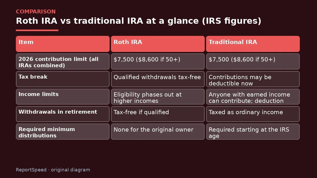 Comparison chart: Roth IRA vs traditional IRA at a glance (IRS figures)