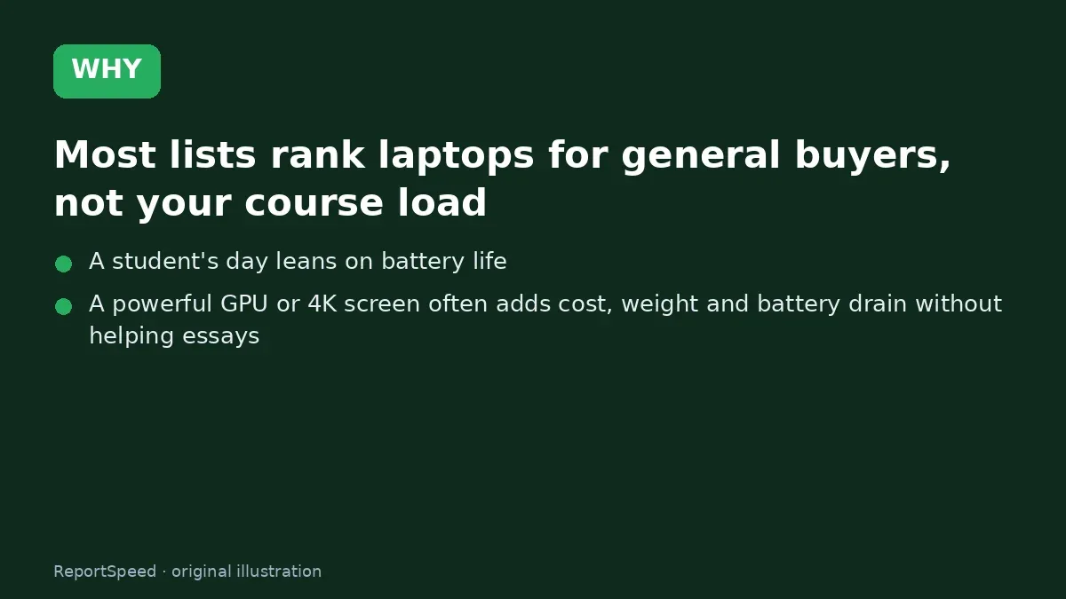 Cause: Most lists rank laptops for general buyers, not your course load