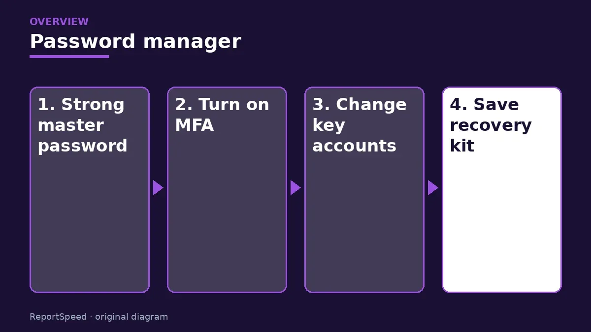 Overview diagram: Password manager — Strong master password; Turn on MFA; Change key accounts; Save recovery kit
