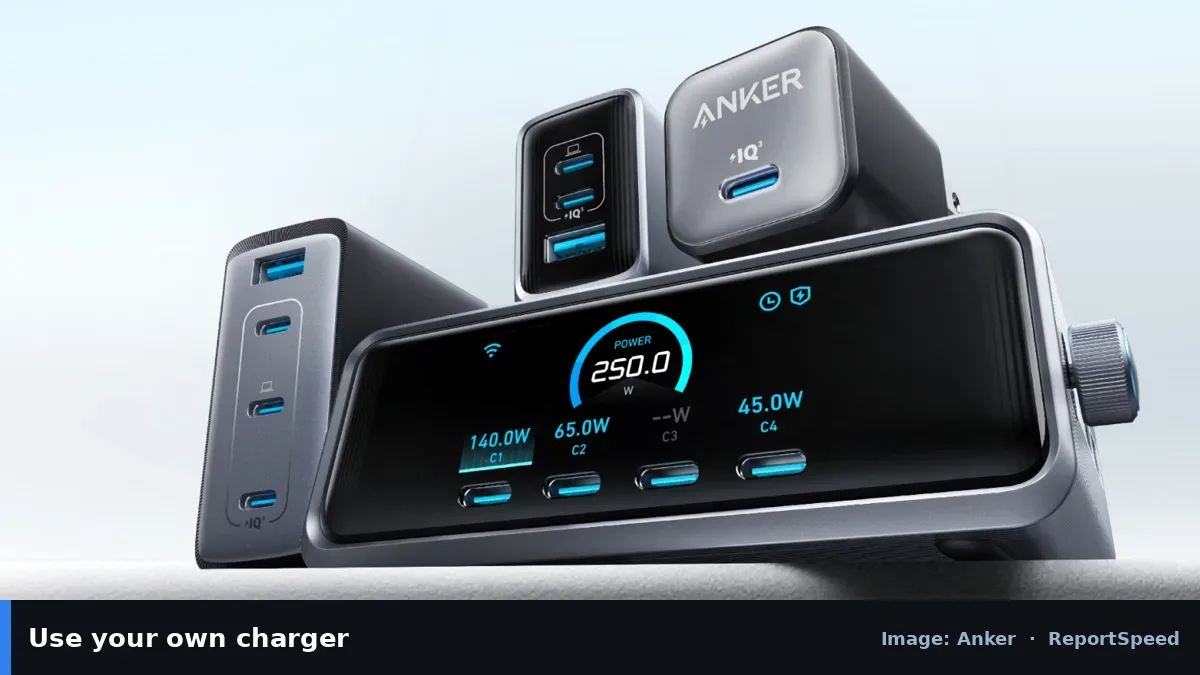 Anker USB-C chargers (Anker official image), annotated: Use your own charger