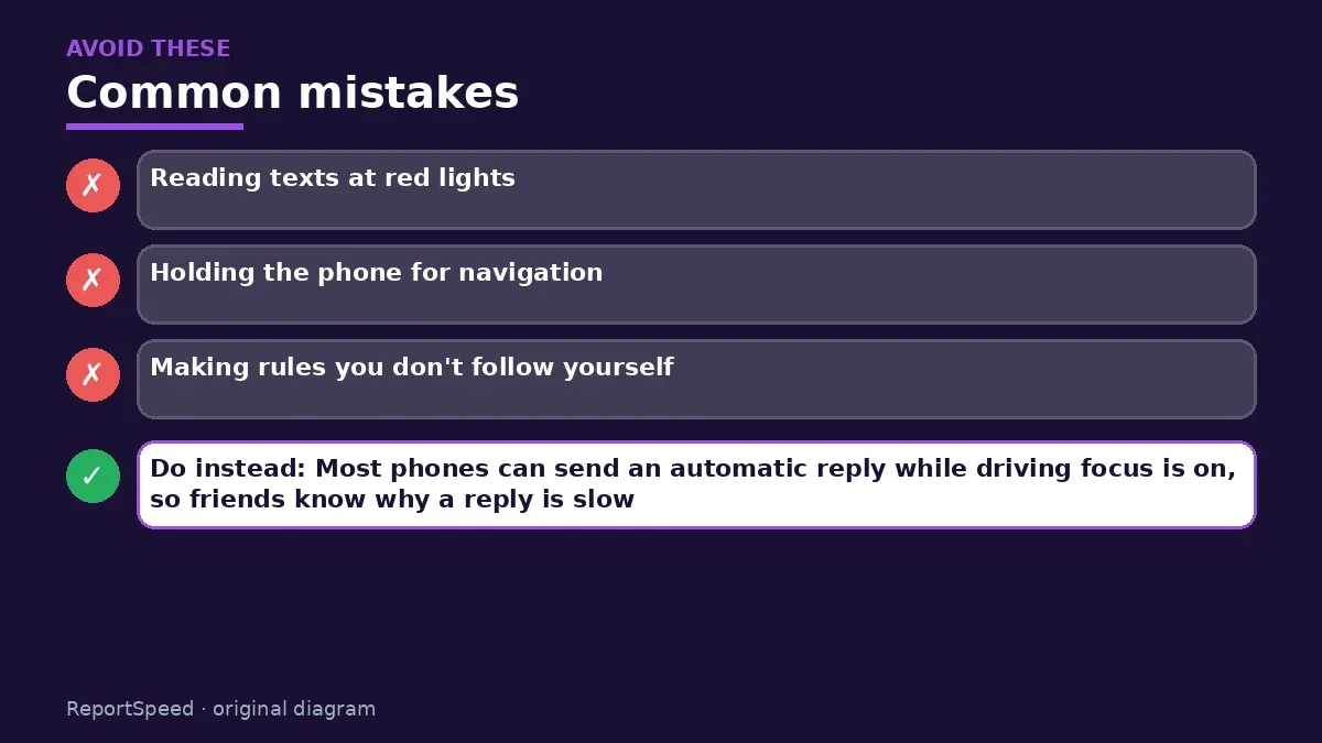 Callout graphic of common mistakes to avoid and what to do instead for Texting while driving