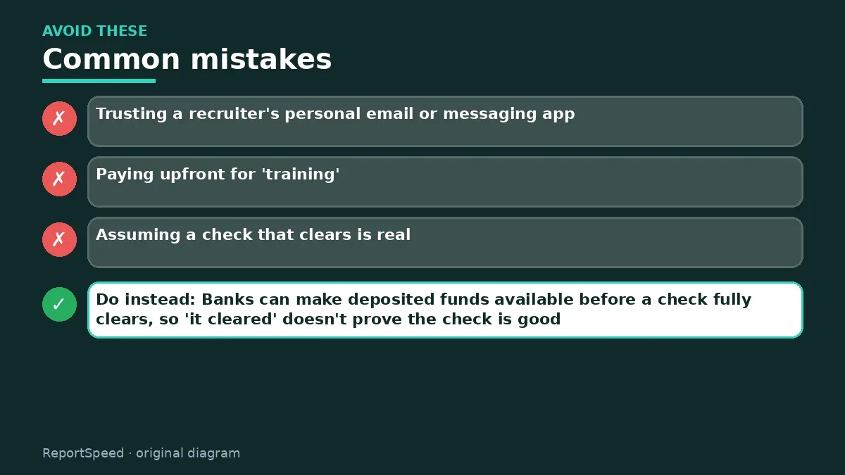Callout graphic of common mistakes to avoid and what to do instead for How do I spot a fake job offer scam