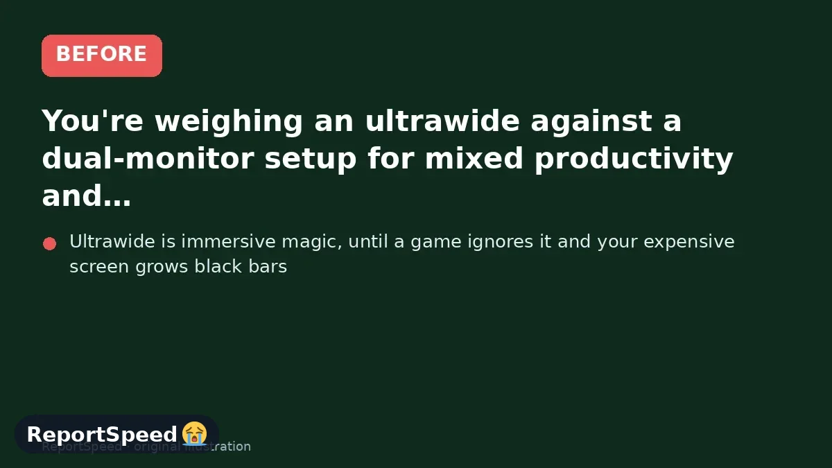 Before: You're weighing an ultrawide against a dual-monitor setup for mixed productivity and gaming