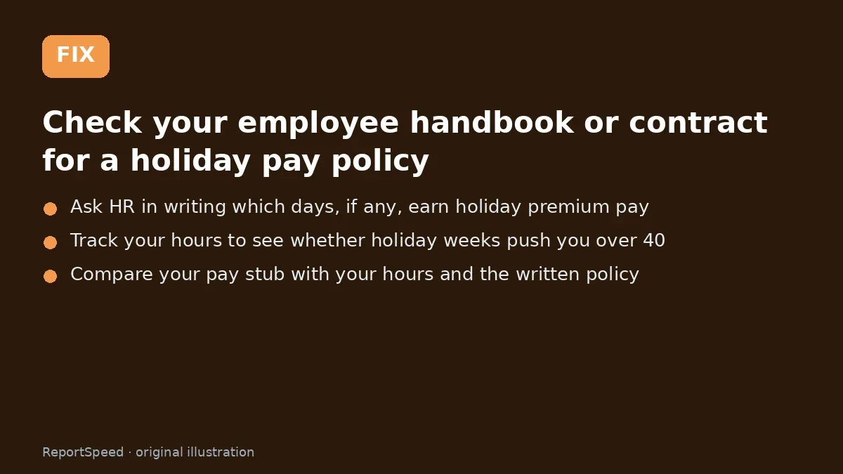 Fix steps: Check your employee handbook or contract for a holiday pay…; Ask HR in writing which days; Track your hours to see whether holiday weeks push you over…