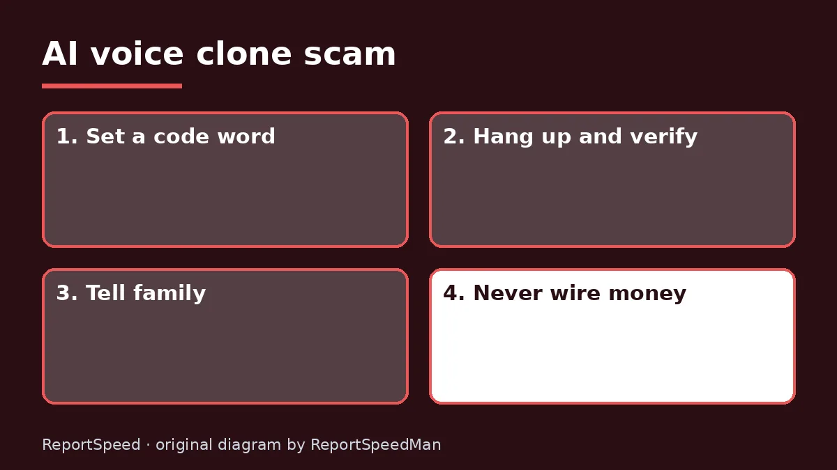 Diagram: AI voice clone scam — Set a code word; Hang up and verify; Tell family; Never wire money