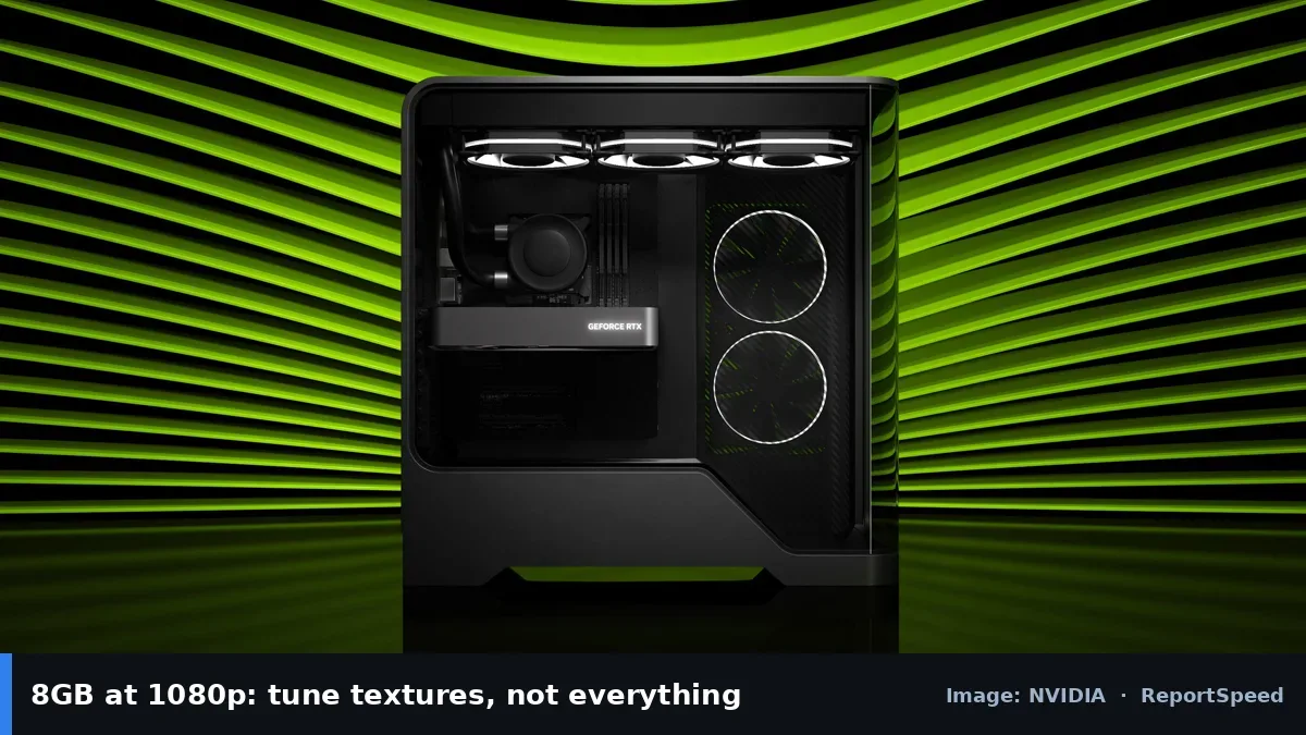 GeForce RTX 5060 family desktop PC (NVIDIA official image), annotated: 8GB at 1080p: tune textures, not everything