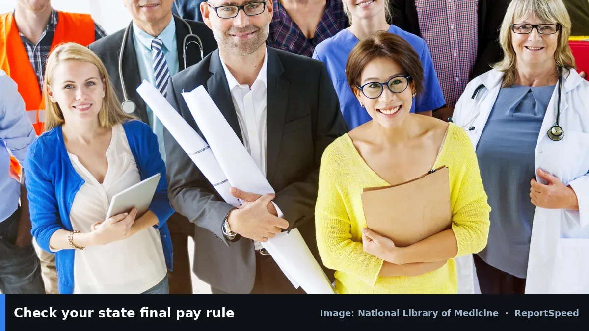 MedlinePlus group of workers (National Library of Medicine official image), annotated: Check your state final pay rule