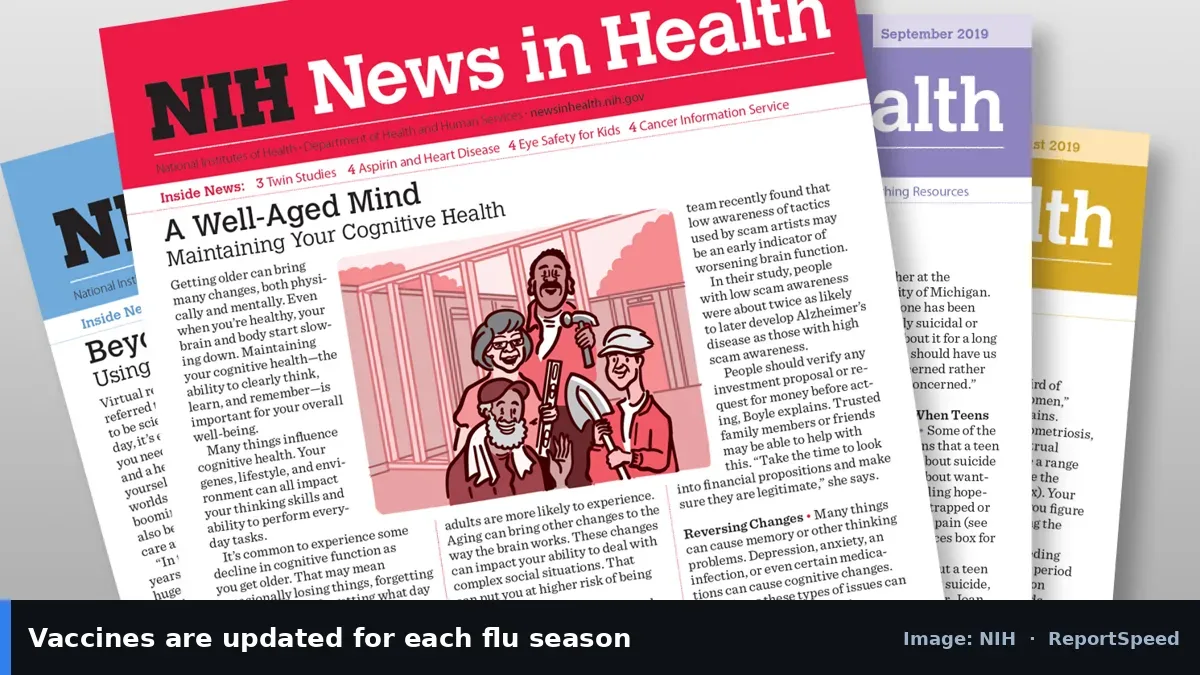 NIH News in Health newsletter issues (NIH official image), annotated: Vaccines are updated for each flu season