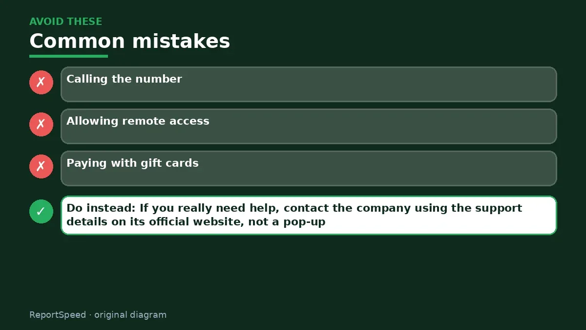 Callout graphic of common mistakes to avoid and what to do instead for Tech support scam pop-up