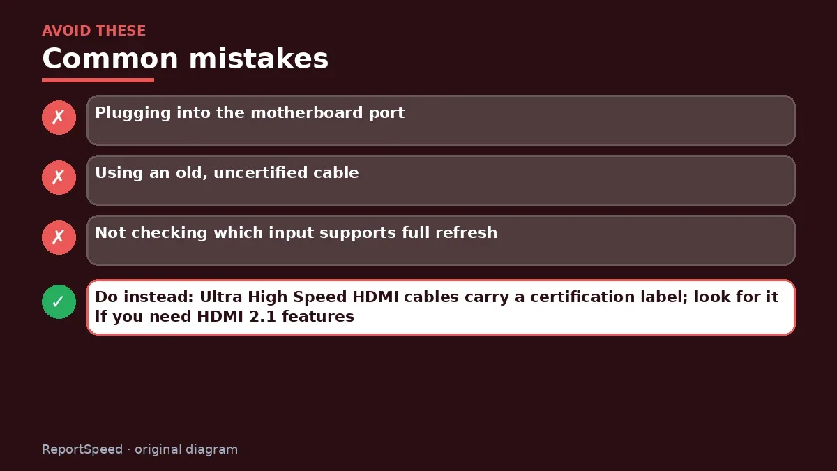 Callout graphic of common mistakes to avoid and what to do instead for DisplayPort vs HDMI for a gaming monitor