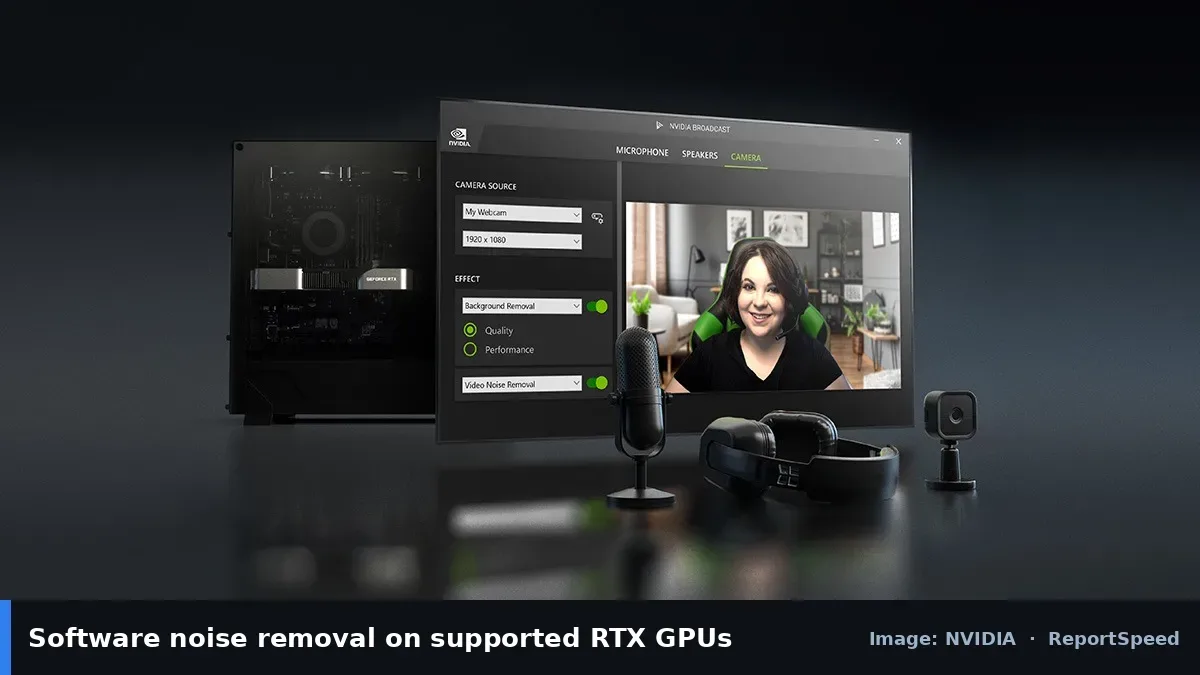 NVIDIA Broadcast app streaming setup (NVIDIA official image), annotated: Software noise removal on supported RTX GPUs
