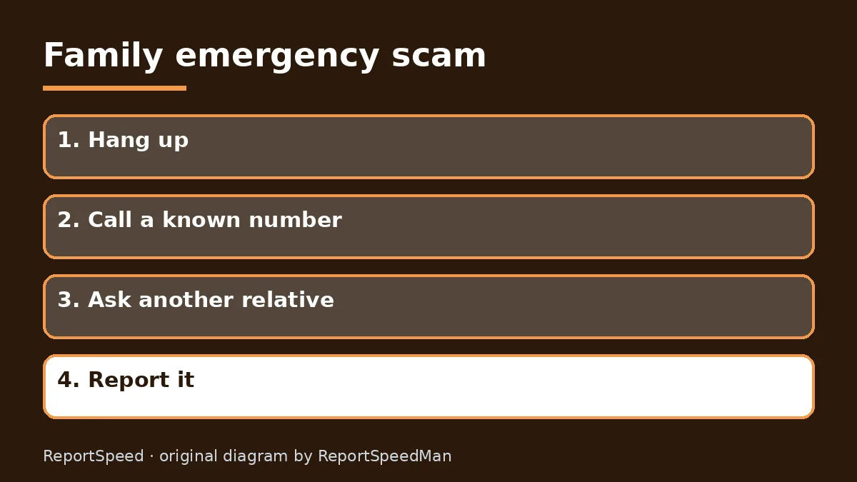 Diagram: Family emergency scam — Hang up; Call a known number; Ask another relative; Report it