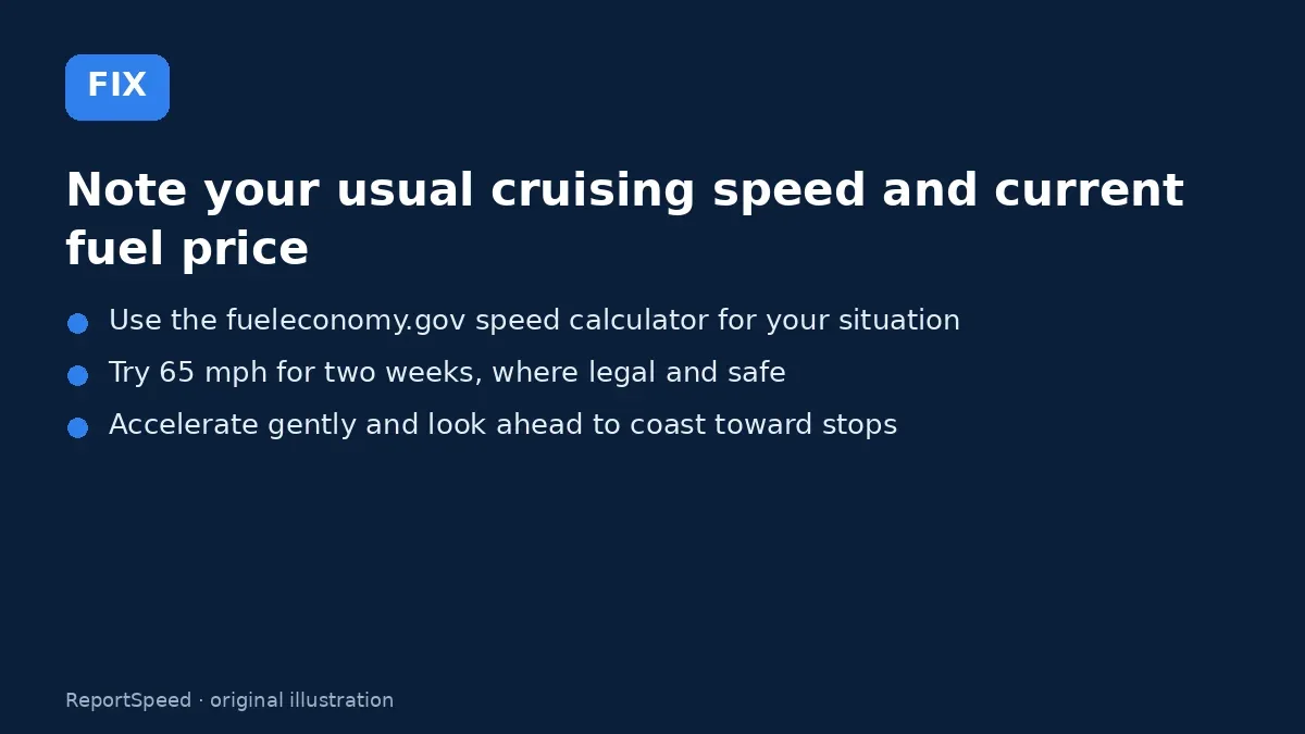 Fix steps: Note your usual cruising speed and current fuel price; Use the fueleconomy.gov speed calculator for your situation; Try 65 mph for two weeks, where legal and safe