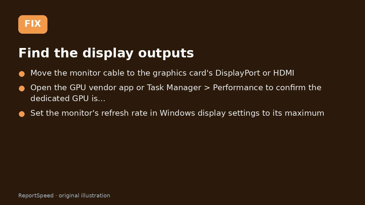 Fix steps: Find the display outputs; Move the monitor cable to the graphics card's DisplayPort…; Open the GPU vendor app or Task Manager > Performance to…