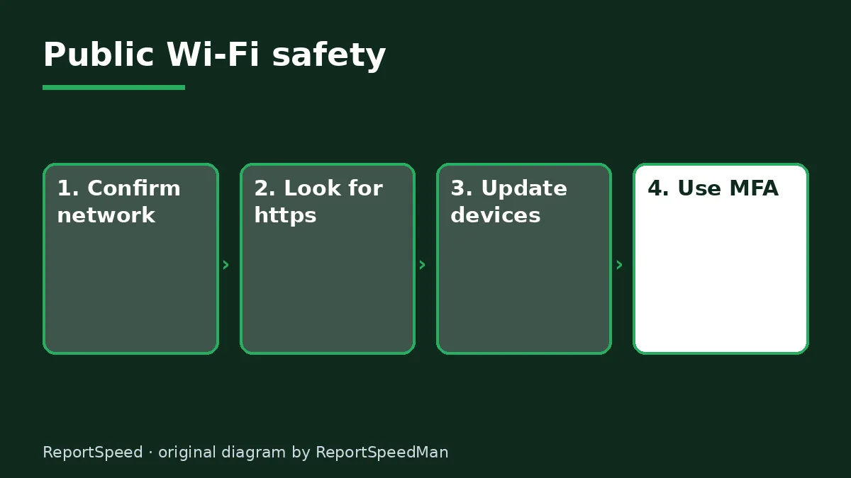 Diagram: Public Wi-Fi safety — Confirm network; Look for https; Update devices; Use MFA