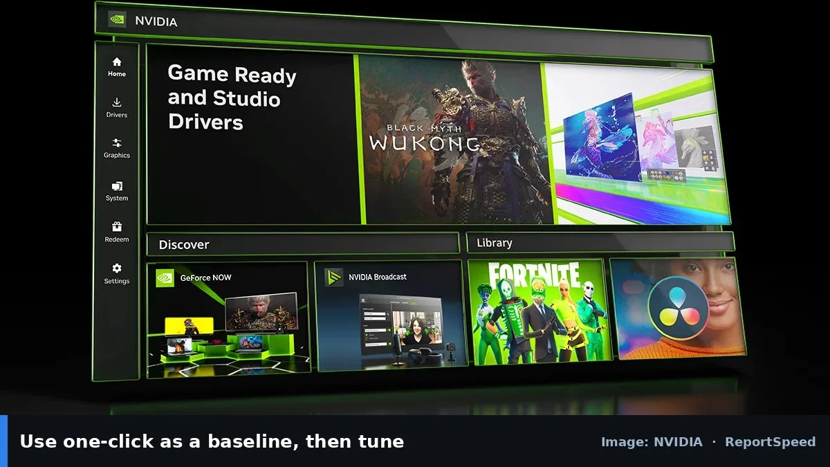 NVIDIA app interface (NVIDIA official image), annotated: Use one-click as a baseline, then tune