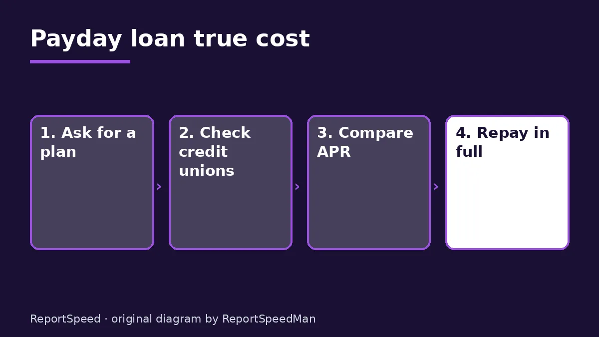 Diagram: Payday loan true cost — Ask for a plan; Check credit unions; Compare APR; Repay in full