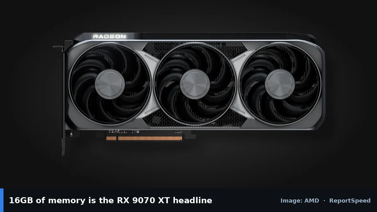 AMD Radeon RX 9070 XT graphics card (AMD official image), annotated: 16GB of memory is the RX 9070 XT headline