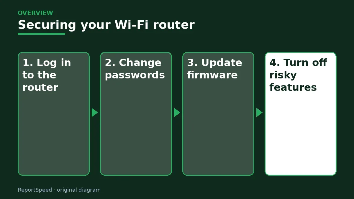 Overview diagram: Securing your Wi-Fi router — Log in to the router; Change passwords; Update firmware; Turn off risky features