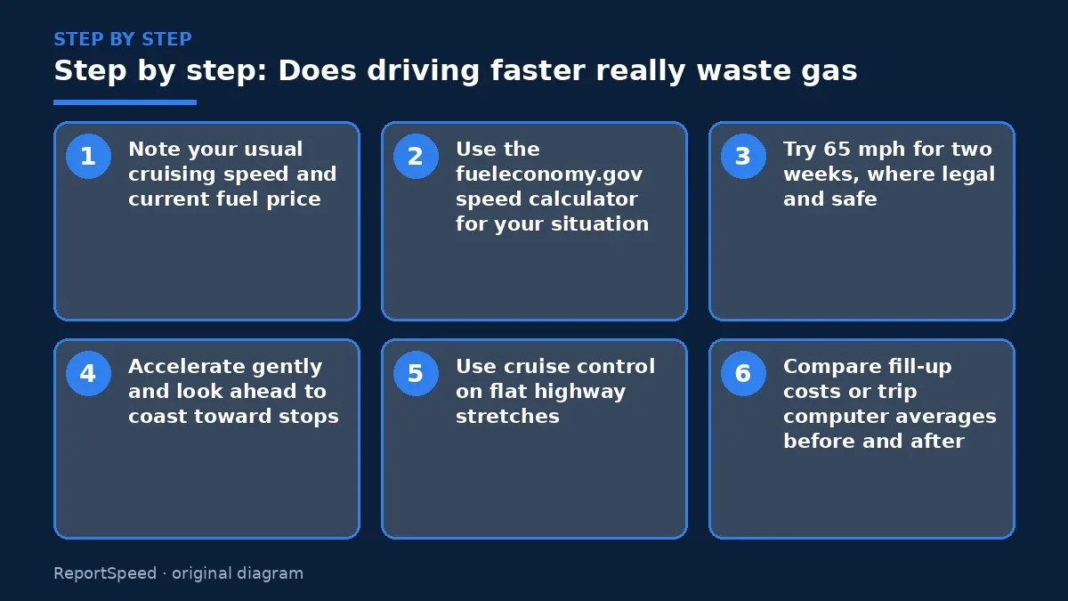 Step illustration: numbered steps for Does driving faster really waste gas
