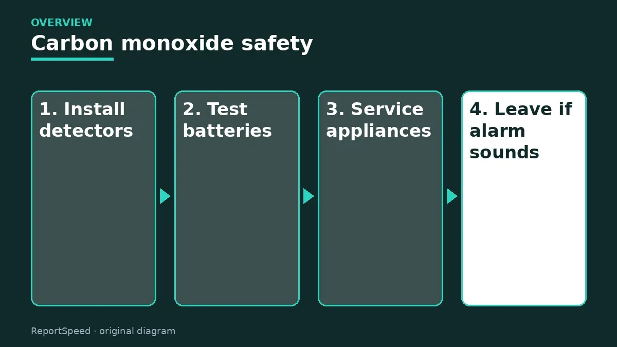 Overview diagram: Carbon monoxide safety — Install detectors; Test batteries; Service appliances; Leave if alarm sounds