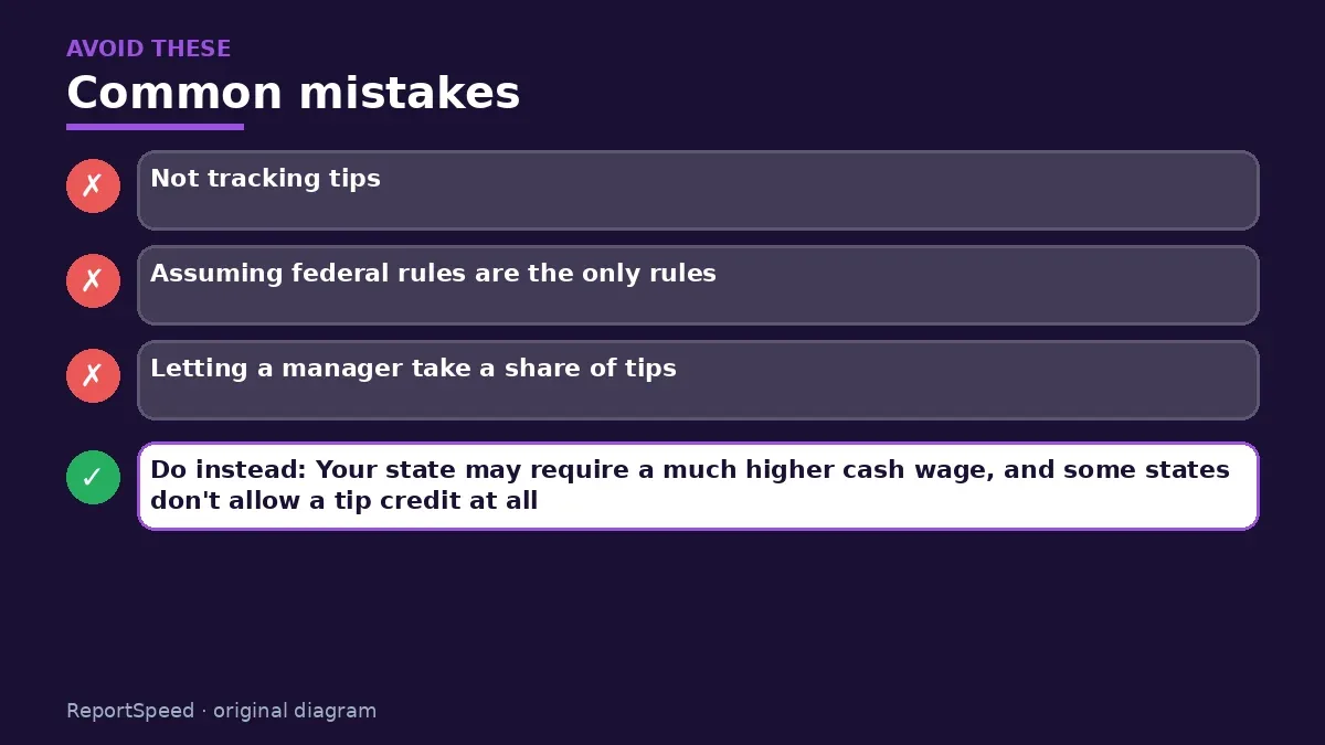 Callout graphic of common mistakes to avoid and what to do instead for Tipped minimum wage