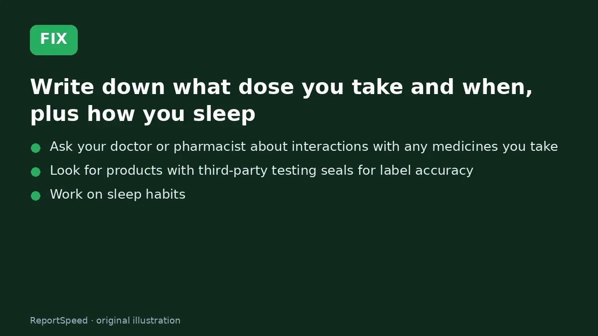 Fix steps: Write down what dose you take and when, plus how you sleep; Ask your doctor or pharmacist about interactions with any…; Look for products with third-party testing seals for label…