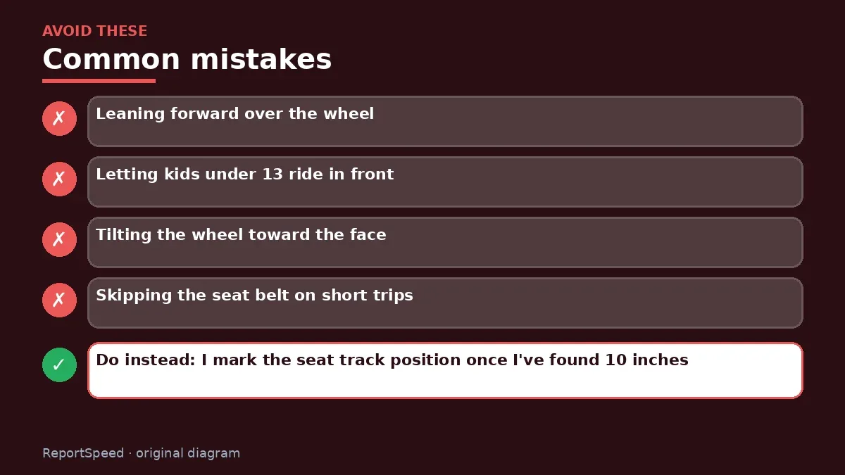 Callout graphic of common mistakes to avoid and what to do instead for How far should I sit from the steering wheel airbag