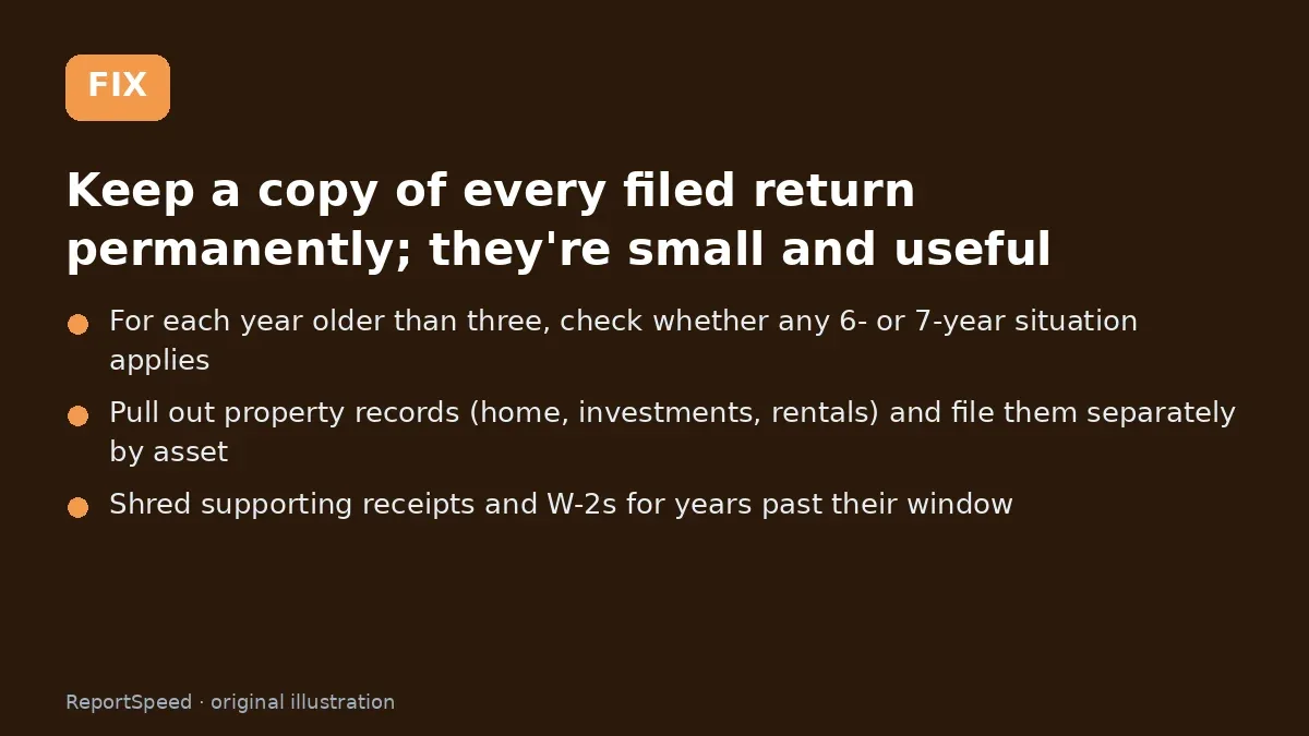 Fix steps: Keep a copy of every filed return permanently; For each year older than three; Pull out property records (home
