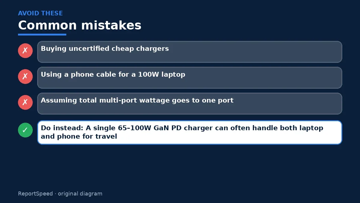 Callout graphic of common mistakes to avoid and what to do instead for What wattage USB-C charger do I need for my laptop