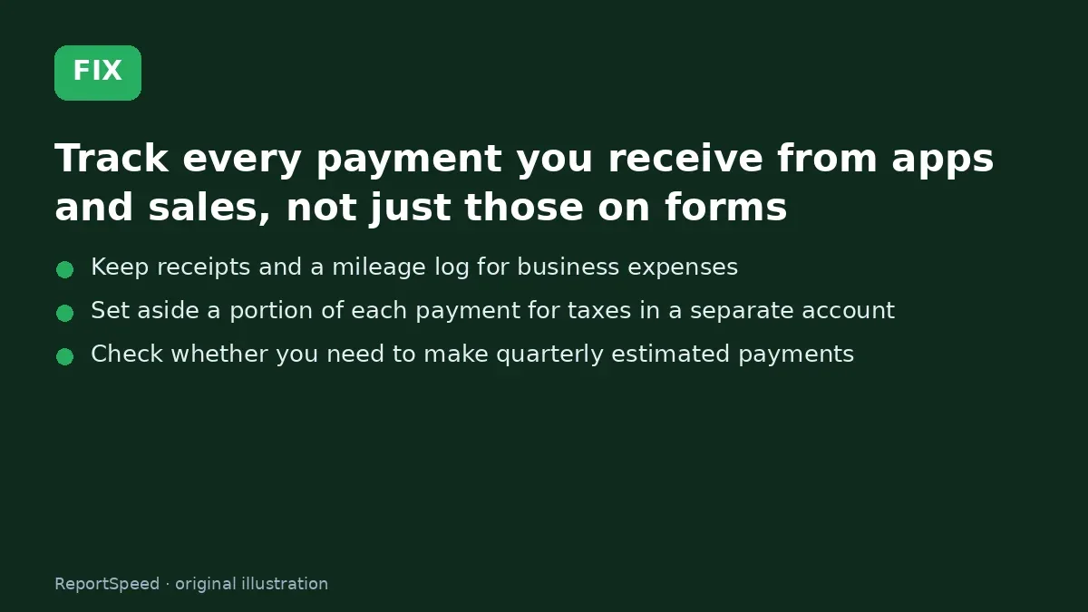 Fix steps: Track every payment you receive from apps and sales; Keep receipts and a mileage log for business expenses; Set aside a portion of each payment for taxes in a separate…