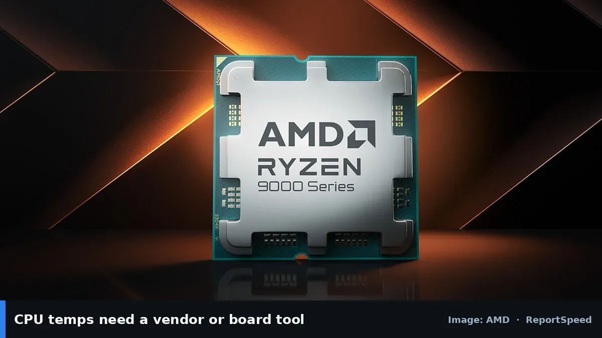 AMD Ryzen 9000 Series desktop processor (AMD official image), annotated: CPU temps need a vendor or board tool