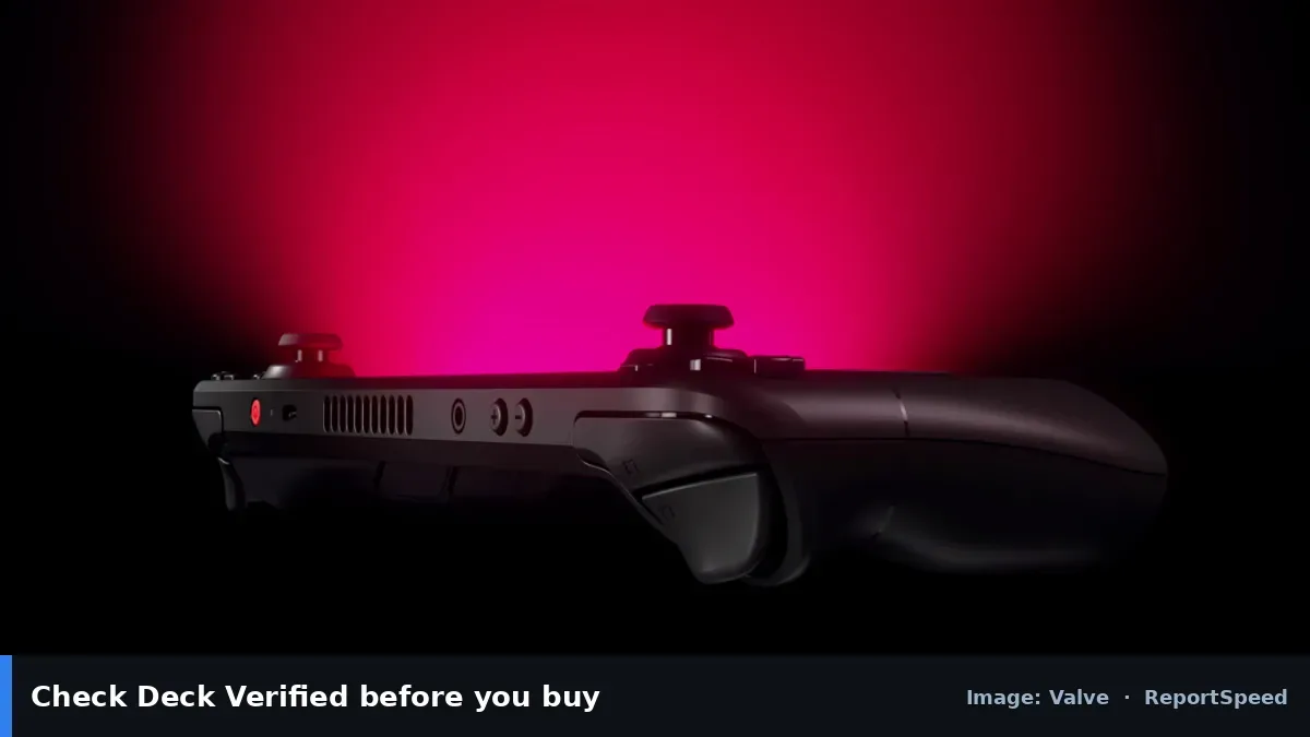 Steam Deck handheld (Valve official image), annotated: Check Deck Verified before you buy
