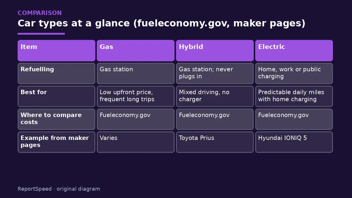 Comparison chart: Car types at a glance (fueleconomy.gov, maker pages)