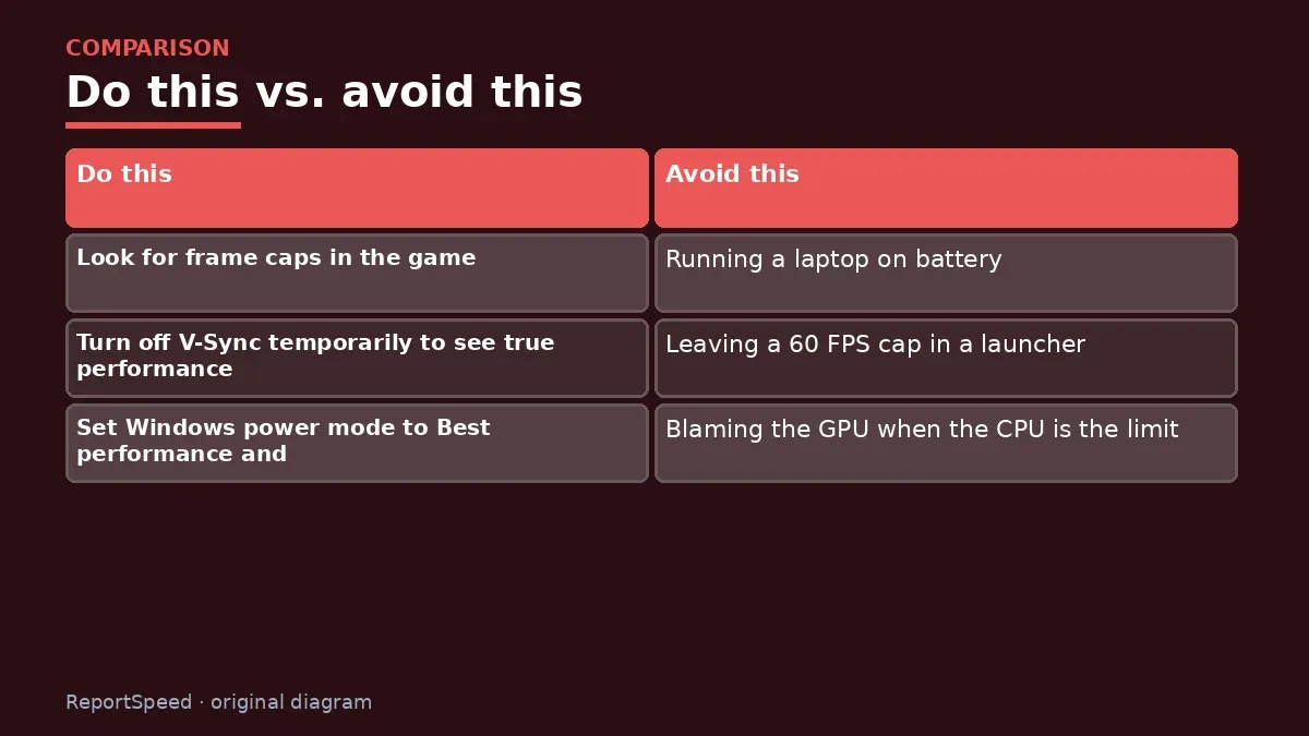 Comparison chart of recommended actions versus common mistakes for: Low GPU usage and low FPS at the same time