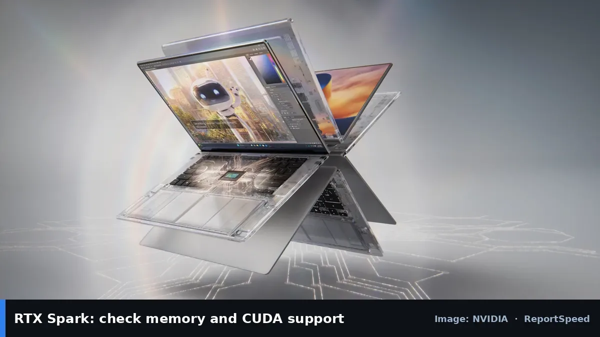 NVIDIA RTX Spark laptop launch image (NVIDIA official image), annotated: RTX Spark: check memory and CUDA support