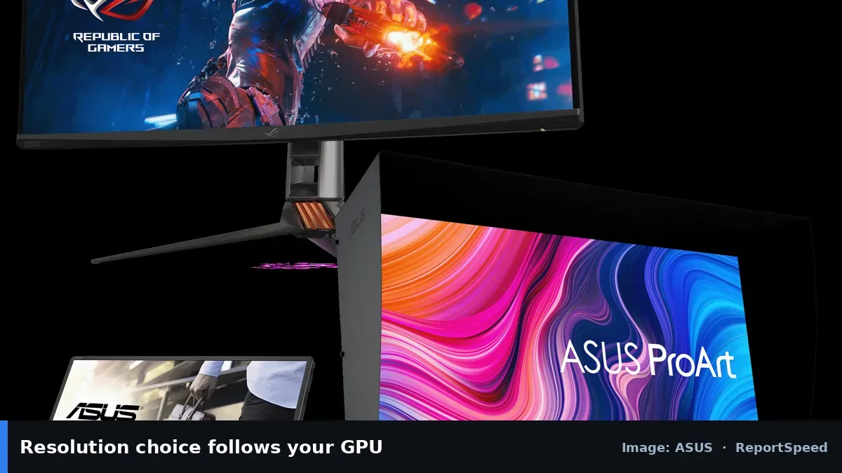 ASUS monitor lineup (ASUS official image), annotated: Resolution choice follows your GPU