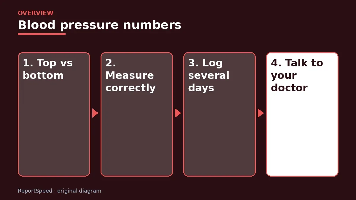 Overview diagram: Blood pressure numbers — Top vs bottom; Measure correctly; Log several days; Talk to your doctor