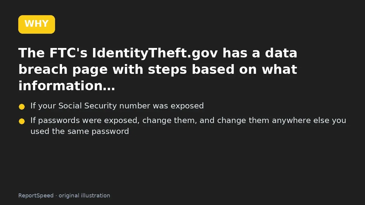 Cause: The FTC's IdentityTheft.gov has a data breach page with steps based on what information…