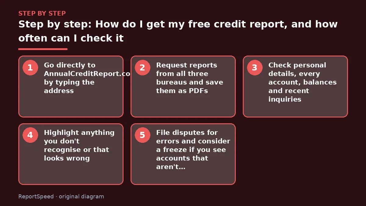 Step illustration: numbered steps for How do I get my free credit report, and how often can I check it