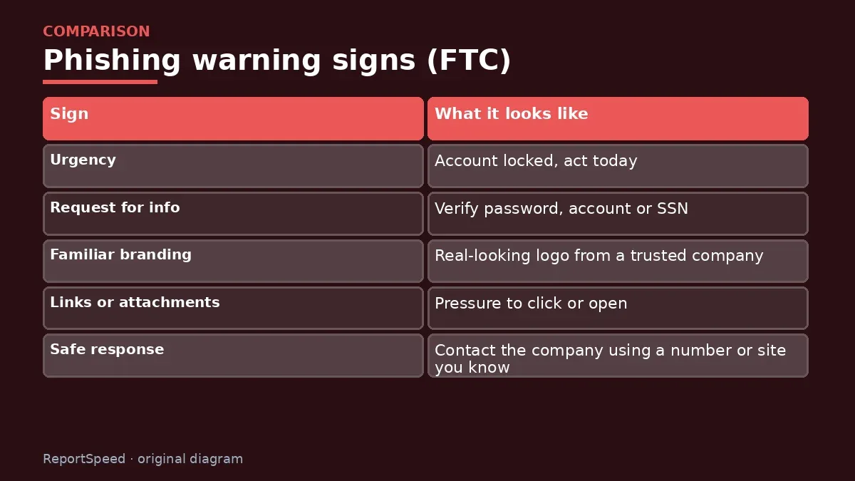Comparison chart: Phishing warning signs (FTC)